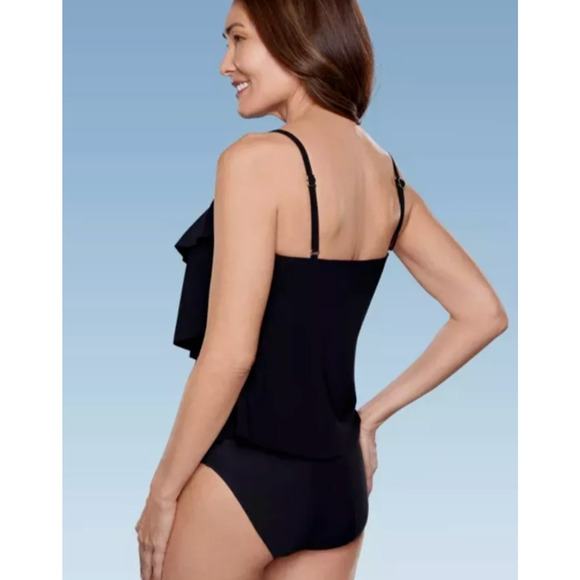 Women's UPF 50 Tiered Tankini Top Aqua Green Black X Strap Layered Medium Swim - Picture 2 of 9